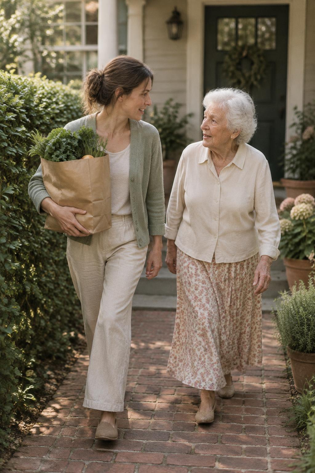 A caregiver carrying a bag of groceries walking up a brick path beside an older woman
