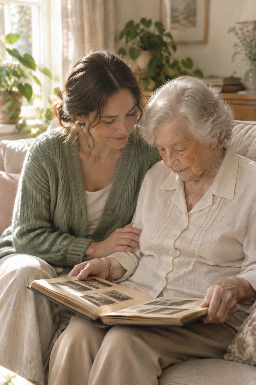 A caregiver and an older woman looking through a photo album together on a sunlit sofa