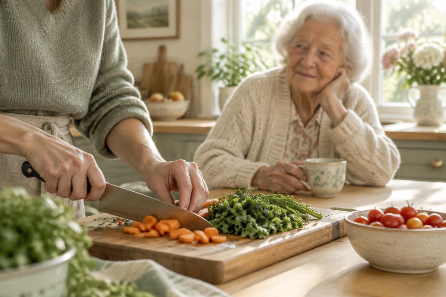 Hands chopping vegetables in a bright kitchen while an older woman sits nearby with tea